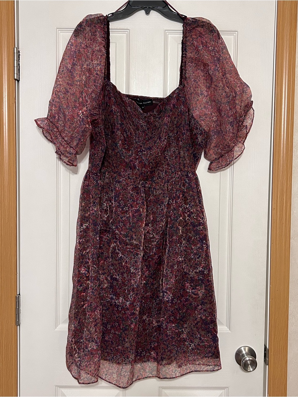 English Factory Burgundy Floral Midi Dress with Puff Sleeves